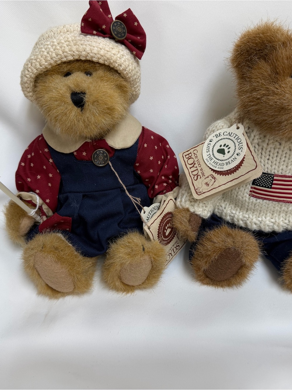 Boyds Bears Brown Plush Bear in Red Star Shirt and Navy Overalls with Cream Hat